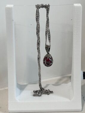 Vintage Sterling Silver Fabergé Style Egg Necklace Garnet and Marcasite